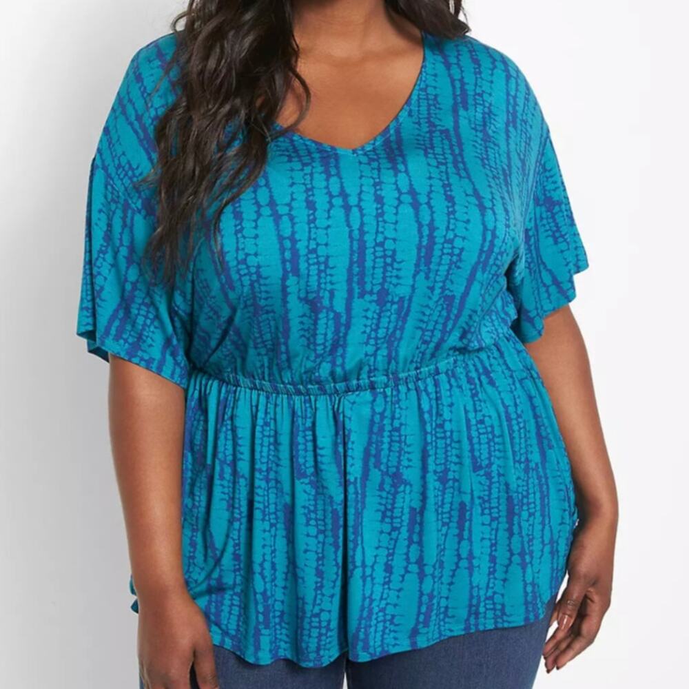 LANE BRYANT Teal Blue Tie Dye V-Neck Cinched Waist Peplum Top Size 18/20 2X
